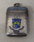 Ornate Victorian silver vesta case with Wimborne family crest to one side Birmingham 1893 weight 1.