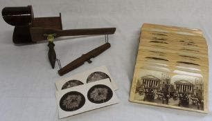 Stereoscope hand held viewer and approximately 56 cards including Underwood & Underwood, James