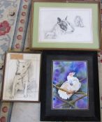 Framed watercolour of a parrot by C Hunter 48 cm x 58 cm (size including frame) and 2 prints of bull