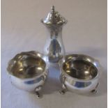 Pair of silver salts (missing liners) Birmingham 1914 weight 1.47 ozt and a silver pepper pot