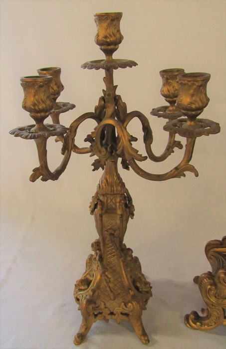 French ormolu gilt mantel clock / garniture by AD Mougin with two 5 branch candelabra, clock - Image 7 of 29