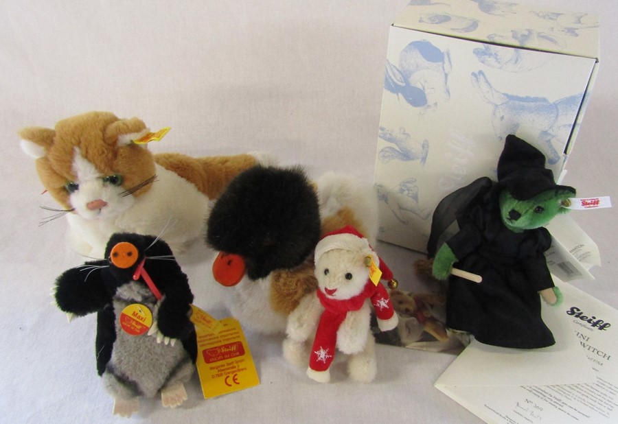 Assorted Steiff soft toys inc duck, cat, Maxi mole, miniature christmas bear and boxed limited