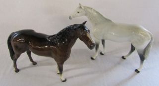 2 large Beswick horses - dapple grey and bay horse H 30 cm L 36 cm (dapple grey ears damaged)