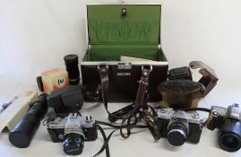 Selection of camera equipment including Nikon F65 auto focus, Topcon EC-1 auto SLR, Kowa SE SLR,