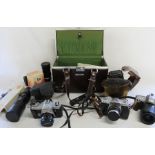 Selection of camera equipment including Nikon F65 auto focus, Topcon EC-1 auto SLR, Kowa SE SLR,