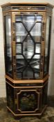 Oriental lacquer corner cupboard with glass shelves & gilded decoration Ht 1.78cm damage to top