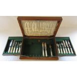 W R Bullen cased part silver plated and mother of pearl cutlery set with silver cuffs, Sheffield