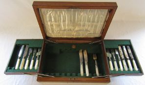 W R Bullen cased part silver plated and mother of pearl cutlery set with silver cuffs, Sheffield