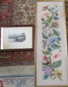 Large framed floral tapestry panel 116 cm x 41 cm and a framed print 'The first locomotive passing