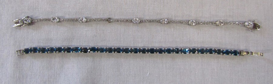 2 silver gemstone bracelets - blue tennis bracelet L 7", diamante style 7.5 ", both marked 925,