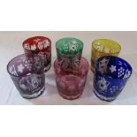 6 harlequin / coloured glass tumblers H 10 cm