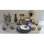 Staffordshire flatback figure group, Victorian majolica leaf moulded vase, Myott hand painted jug,