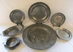 Selection of antique pewter inc large charger D 47 cm