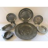 Selection of antique pewter inc large charger D 47 cm