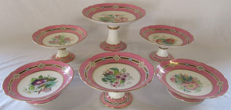 Victorian hand painted floral dessert set consisting of one large tazza / comport H 17 cm, 3 - Image 3 of 3