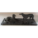 Art Deco pair of bronze Borzoi dogs on a marble base, signed Roggia, L 60 cm H 19 cm