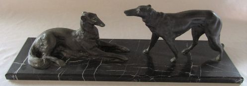 Art Deco pair of bronze Borzoi dogs on a marble base, signed Roggia, L 60 cm H 19 cm