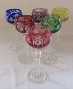 6 harlequin / coloured Hock glasses H 21.5 cm