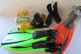 Assorted scuba diving gear inc flippers, masks, snorkels and boots