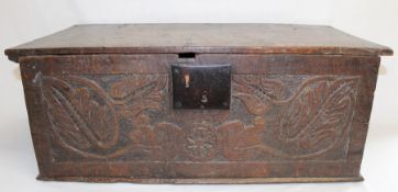 Antique oak bible box with carved front panel and later lined interior, width 71cm, height 28cm,