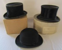 2 gents black top hats inc Christys London and a bowler hat by G A Dunn & Co (size 7)