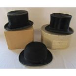 2 gents black top hats inc Christys London and a bowler hat by G A Dunn & Co (size 7)