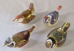 4 Royal Crown Derby bird paperweights inc collectors guild crested tit, all with gold stoppers
