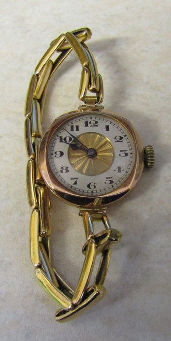 9ct gold ladies vintage watch, swiss made, hallmarked London 1929 with rolled gold elasticated