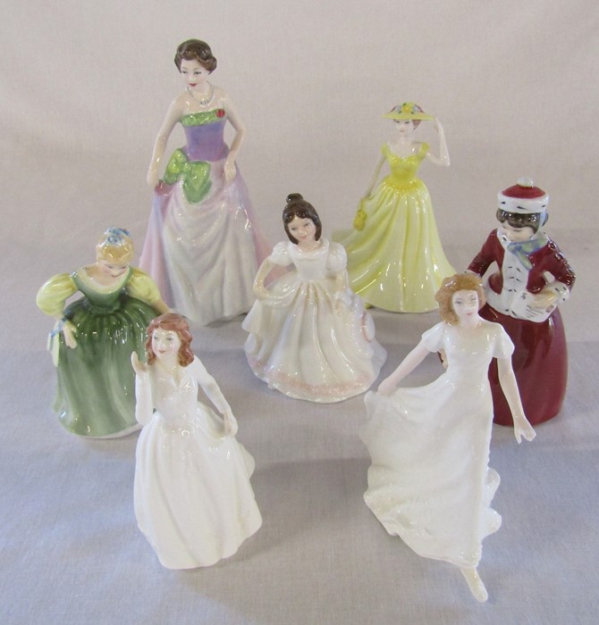 Selection of 7 Royal Doulton figurines inc Best wishes, Amanda, Friendship, Fair Maiden, Springtime,