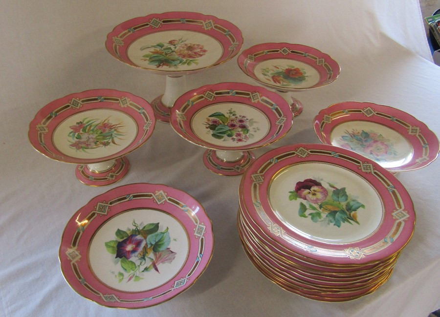 Victorian hand painted floral dessert set consisting of one large tazza / comport H 17 cm, 3 - Image 2 of 3