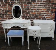 French style white & gilt dressing table, stool (not matching), chest of drawers and bedside