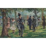 Oil on board in the manner of Sherree Valentine Daines of a scene in a horse race enclosure with