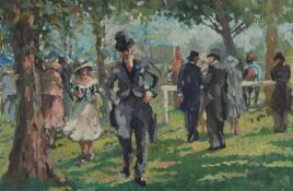 Oil on board in the manner of Sherree Valentine Daines of a scene in a horse race enclosure with