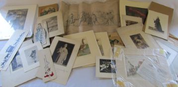 Selection of unframed prints inc Rachel Badeau, miniature painting of a dog etc