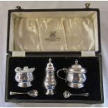 Boxed silver condiment set by Adie Brothers Ltd, Birmingham 1955 retailed by Mackay & Chisholm Ltd