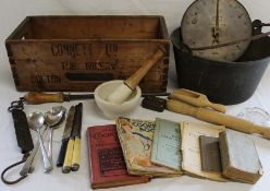 Selection of kitchenalia, Salter's spring balances, vintage cook books including Mrs Beeton's etc.