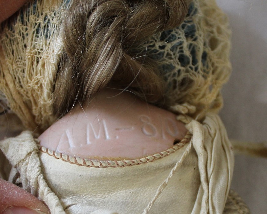 Armand Marseille bisque head doll marked AM-8 with kid leather body, bisque limbs, sleeping eyes, - Image 6 of 9