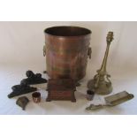 Copper and brass coal scuttle, cast iron door stops, brass light fitting etc