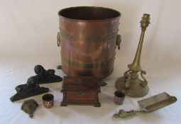 Copper and brass coal scuttle, cast iron door stops, brass light fitting etc