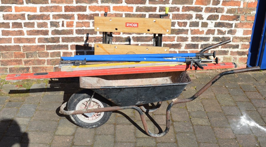 Wheelbarrow, Ryobi work bench, Stanley folding square, 3 spirit levels and various clamps