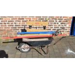 Wheelbarrow, Ryobi work bench, Stanley folding square, 3 spirit levels and various clamps