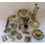 Assorted brassware inc pair of candlesticks, dishes, ashtrays, shell cases and a tazza