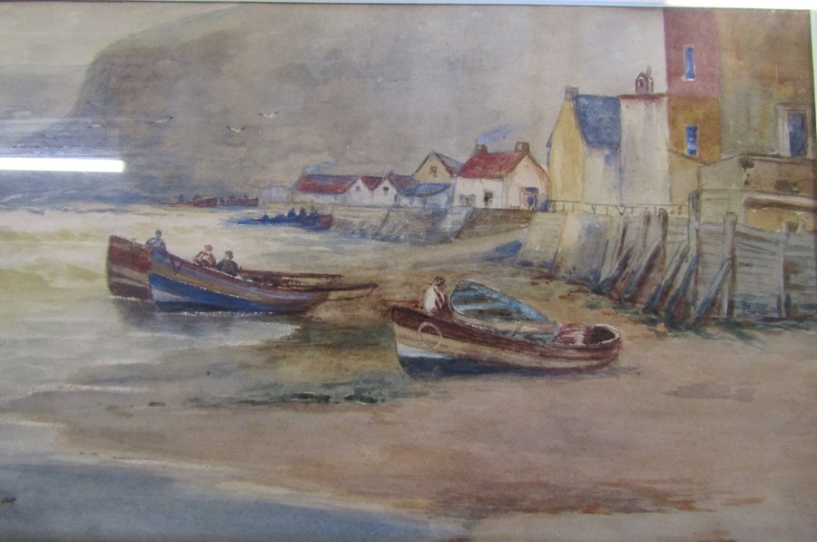 Framed watercolour of a harbour scene signed T B Hardy with fishermen in boats in foreground 88 cm x - Image 3 of 3