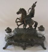 A French early 20th century spelter ink stand / desk stand of a hunting man on horseback signed A