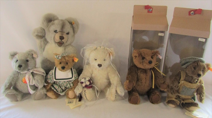 Selection of Steiff bears inc Steiff Club 1012/300 grey, classic teddy H 23 cm in dress, 2 boxed
