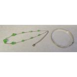 Sterling silver adjustable bangle 8.2 g & a silver and green bead necklace 3.4 g