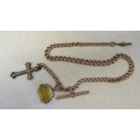 9ct gold watch chain and fob and gold plated cross and fastening, total weight 44.6 g (weight