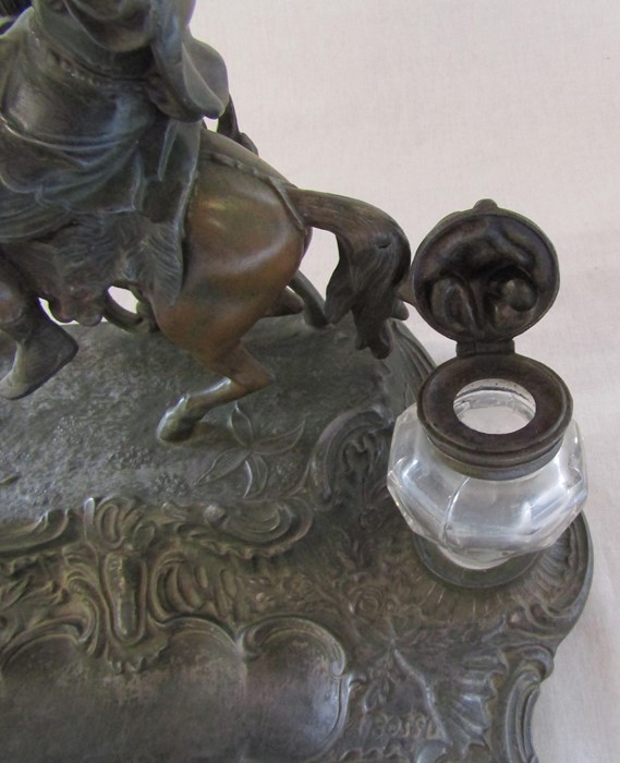 A French early 20th century spelter ink stand / desk stand of a hunting man on horseback signed A - Image 6 of 7