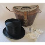 Gents black top hat by Hanbidge Norfolk House and white gloves in leather hat box  - head opening