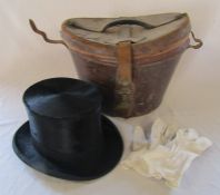 Gents black top hat by Hanbidge Norfolk House and white gloves in leather hat box  - head opening